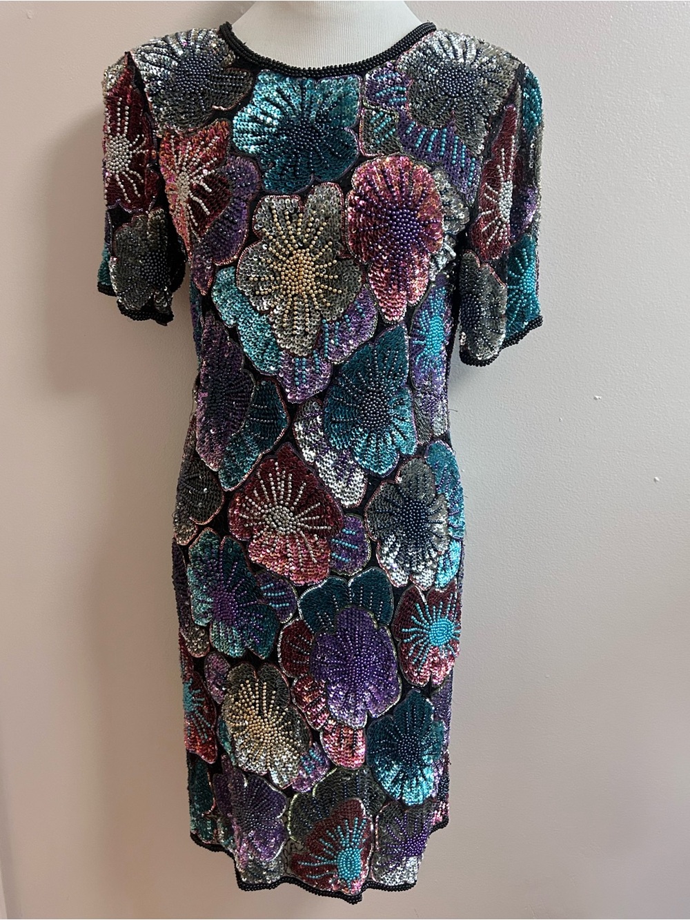 VTG 80’s Maison Magique 100% Silk Beaded Sequin Floral Cocktail Dress Size Large